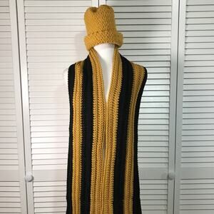 NWT Handmade Crocheted Black Gold Textured Beanie Shawl Scarf 68”